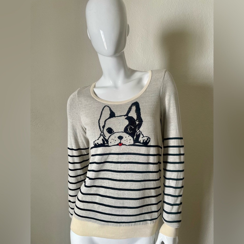 Anthropologie Cream & Navy Striped Scoop Neck Sweater with Dog Motif